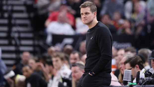 Utah Jazz head coach Will Hardy looks on against the Dallas Mavericks in the third quarter at Vivint Arena.